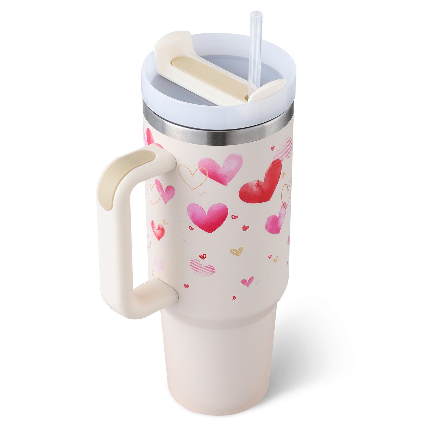 40 Oz Tumbler met handvat, rietje, geïsoleerd, roestvrij staal, morsbestendig, vacuüm koffiebeker, beker met deksel, taps toelopende mok, cadeaus voor Valentijnsliefhebbers, geschikt voor in de auto, sportschool, kantoor, reizen