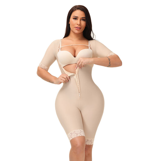 Women's Fashion Lace Mid Sleeve Zipper Body Shaper Bodysuit