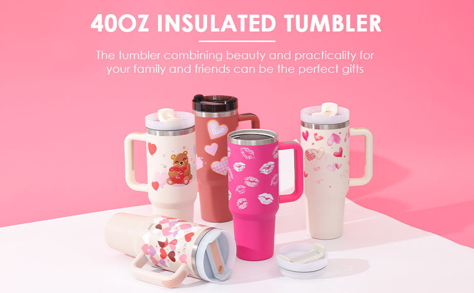 40 Oz Tumbler met handvat, rietje, geïsoleerd, roestvrij staal, morsbestendig, vacuüm koffiebeker, beker met deksel, taps toelopende mok, cadeaus voor Valentijnsliefhebbers, geschikt voor in de auto, sportschool, kantoor, reizen