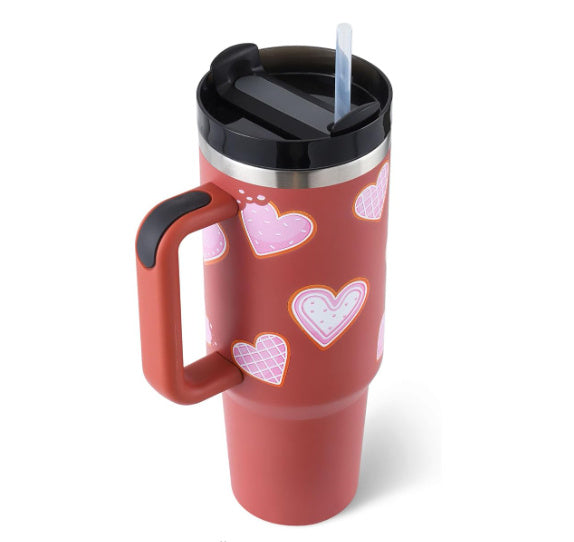 40 Oz Tumbler met handvat, rietje, geïsoleerd, roestvrij staal, morsbestendig, vacuüm koffiebeker, beker met deksel, taps toelopende mok, cadeaus voor Valentijnsliefhebbers, geschikt voor in de auto, sportschool, kantoor, reizen