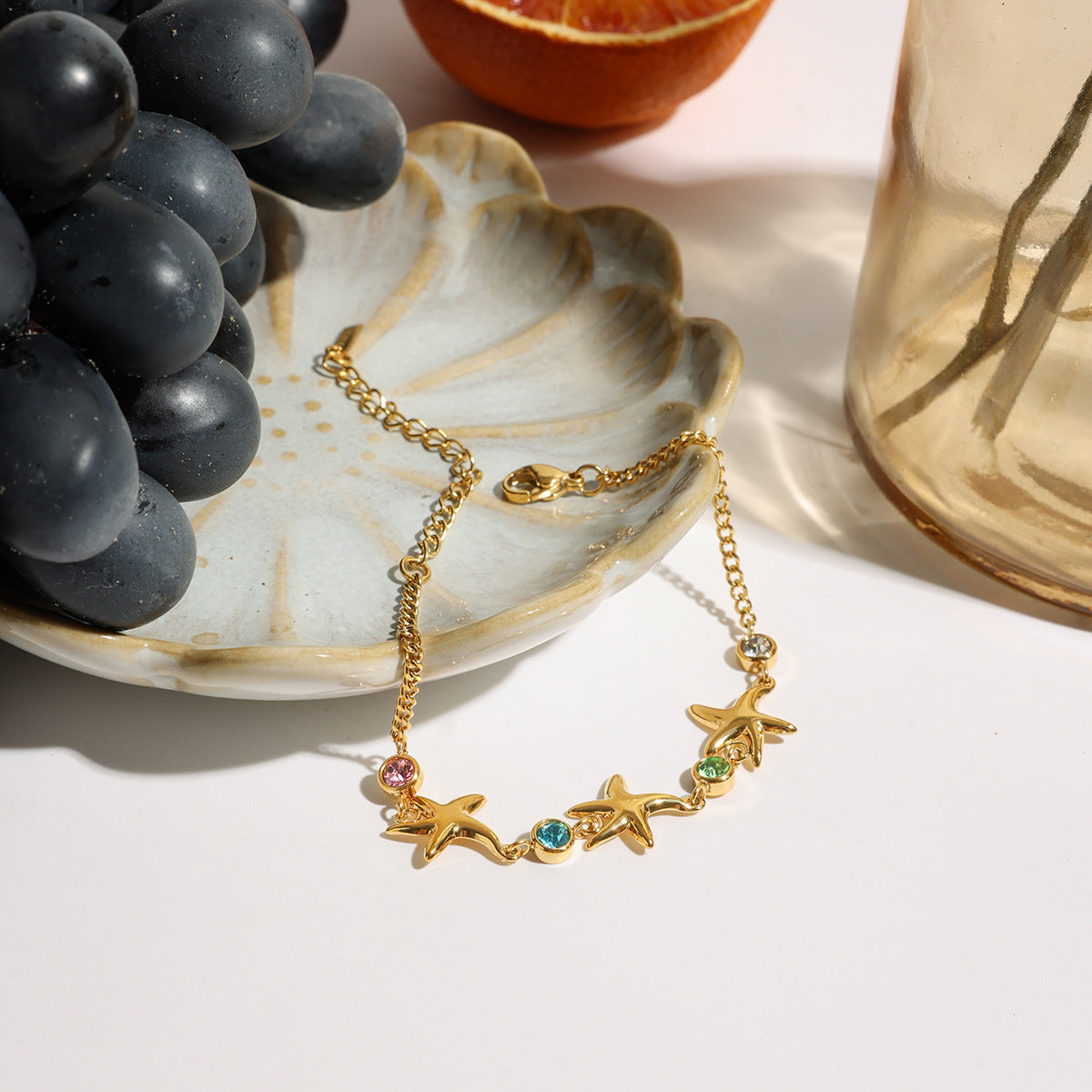 Titanium Steel Gold Color Zircon Bracelet Starfish Ornament