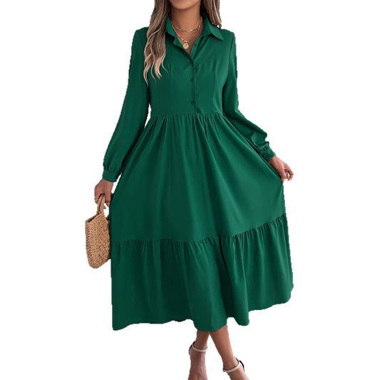 Lapel Casual Loose Long Sleeve Ruffled Shirt Dress