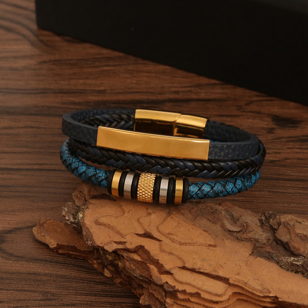 Men's Stainless Steel Bracelet Hand-woven Leather Magnetic Buckle Titanium Steel Bracelet Jewelry