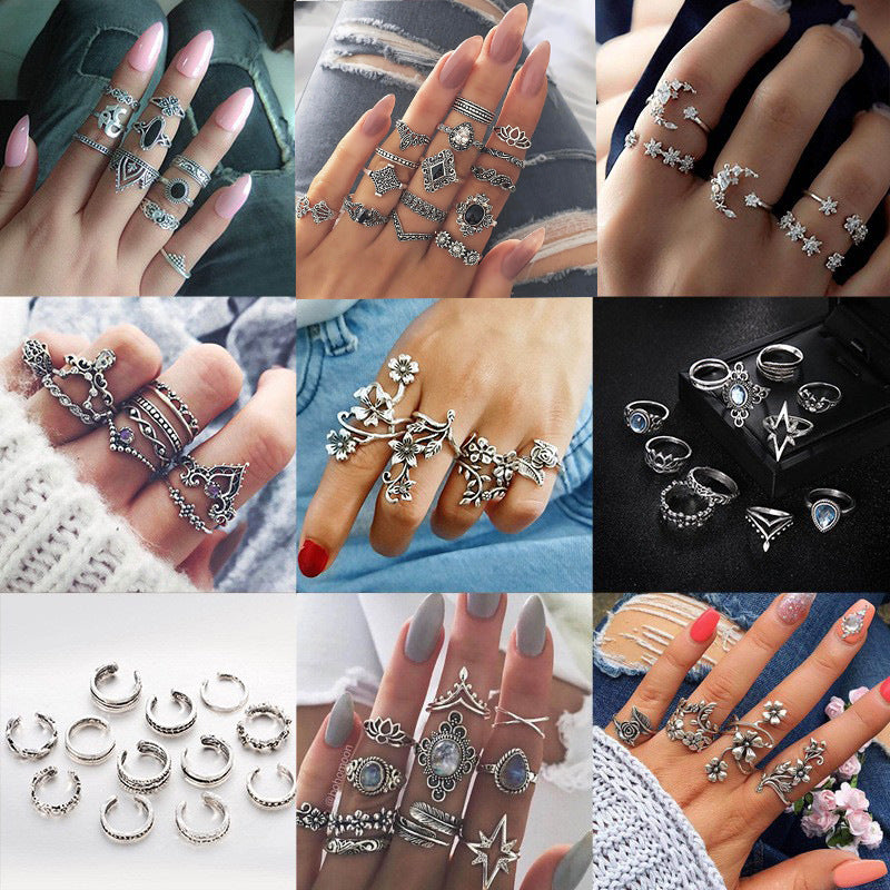 Bohemian Diamond Set Ring Women's Retro Wedding Festival Star Moon Crystal Ring