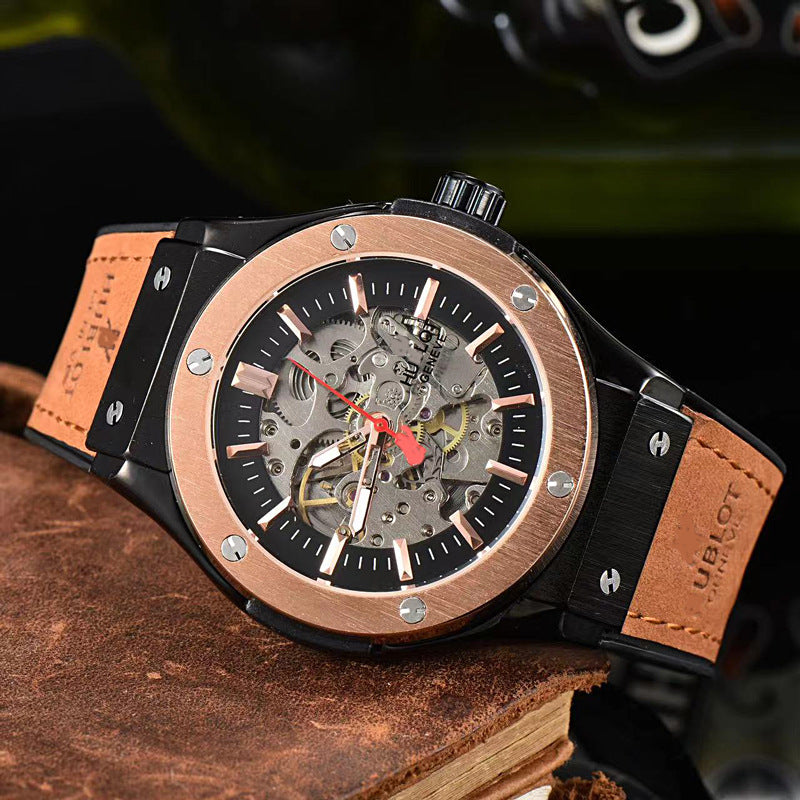 Classic European Atmospheric Round Dial Business Men's Fully Automatic Hollow Manipulator Watch