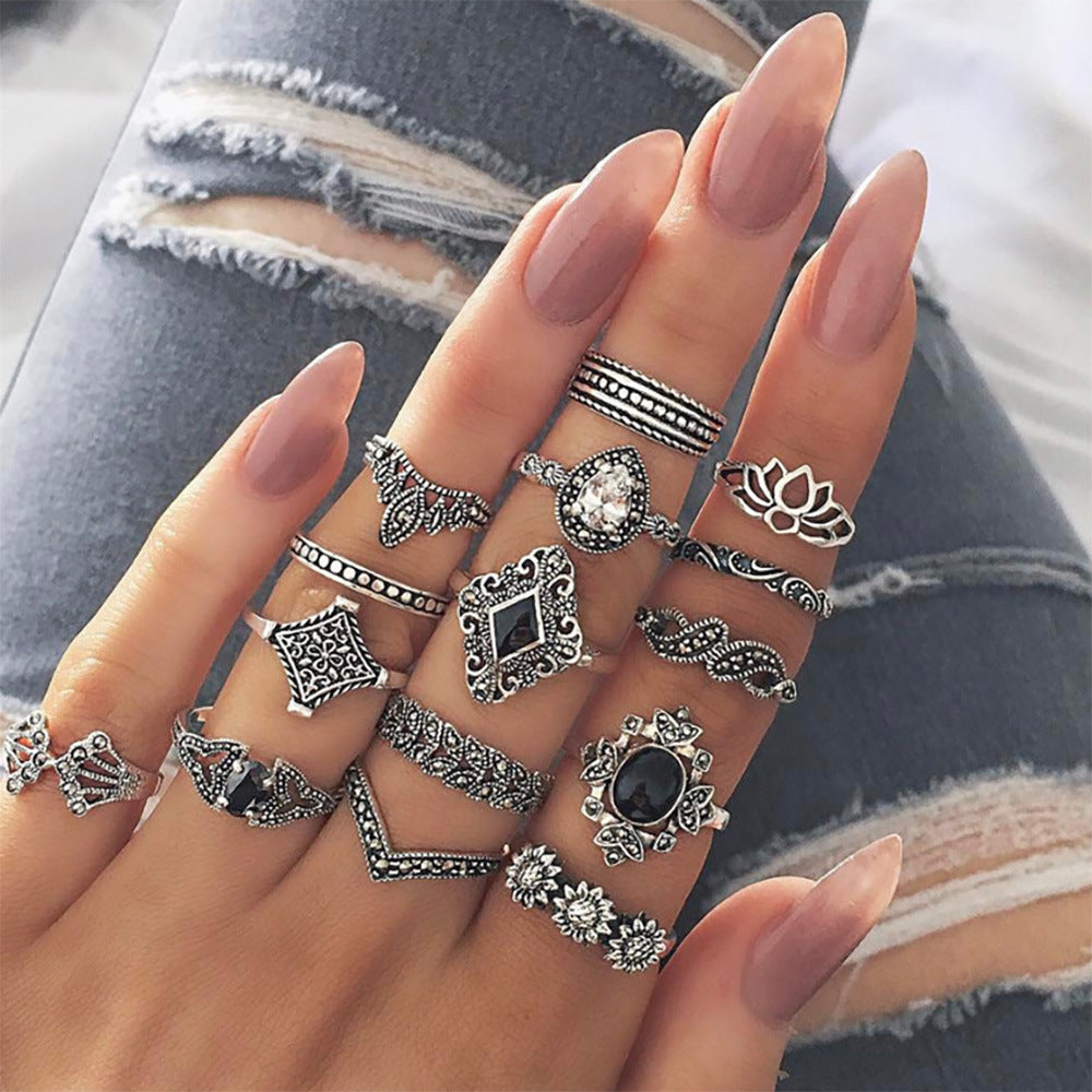Bohemian Diamond Set Ring Women's Retro Wedding Festival Star Moon Crystal Ring