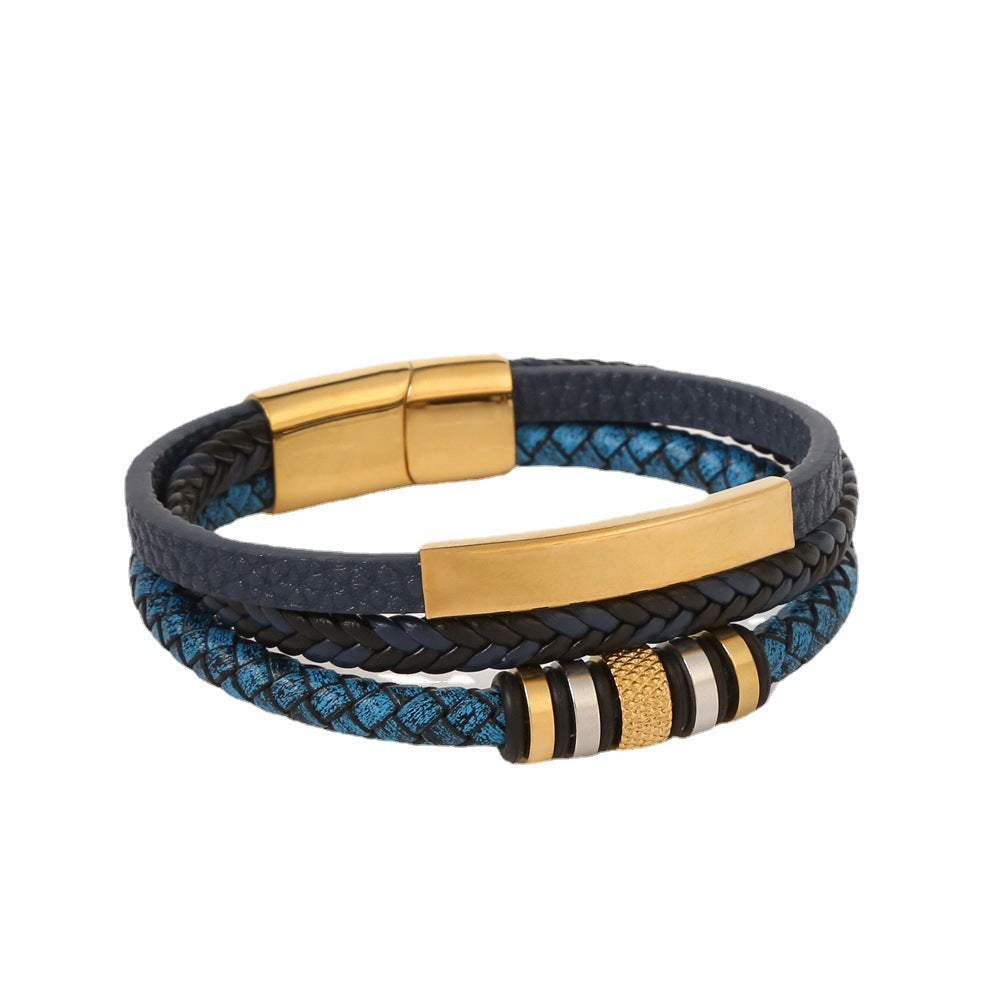 Men's Stainless Steel Bracelet Hand-woven Leather Magnetic Buckle Titanium Steel Bracelet Jewelry