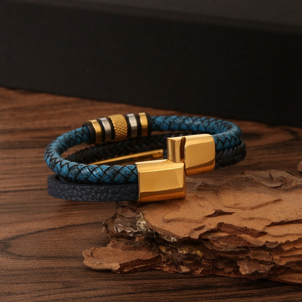 Men's Stainless Steel Bracelet Hand-woven Leather Magnetic Buckle Titanium Steel Bracelet Jewelry