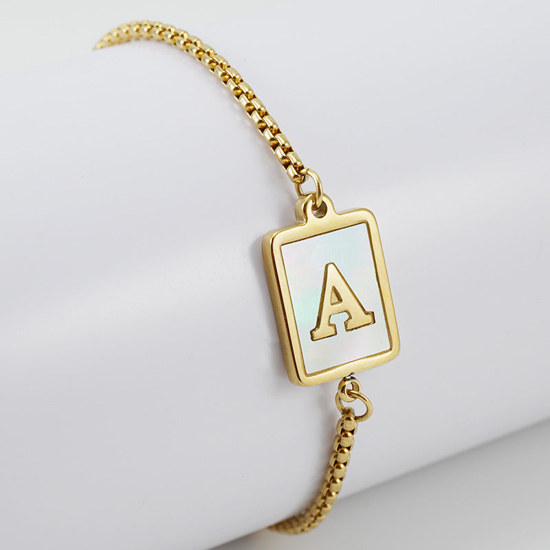 Titanium Steel Natural Shell 26 Letters Lara Bracelet Women Cross Border Stainless Steel Square 18K Gold Adjuvable Bracelet