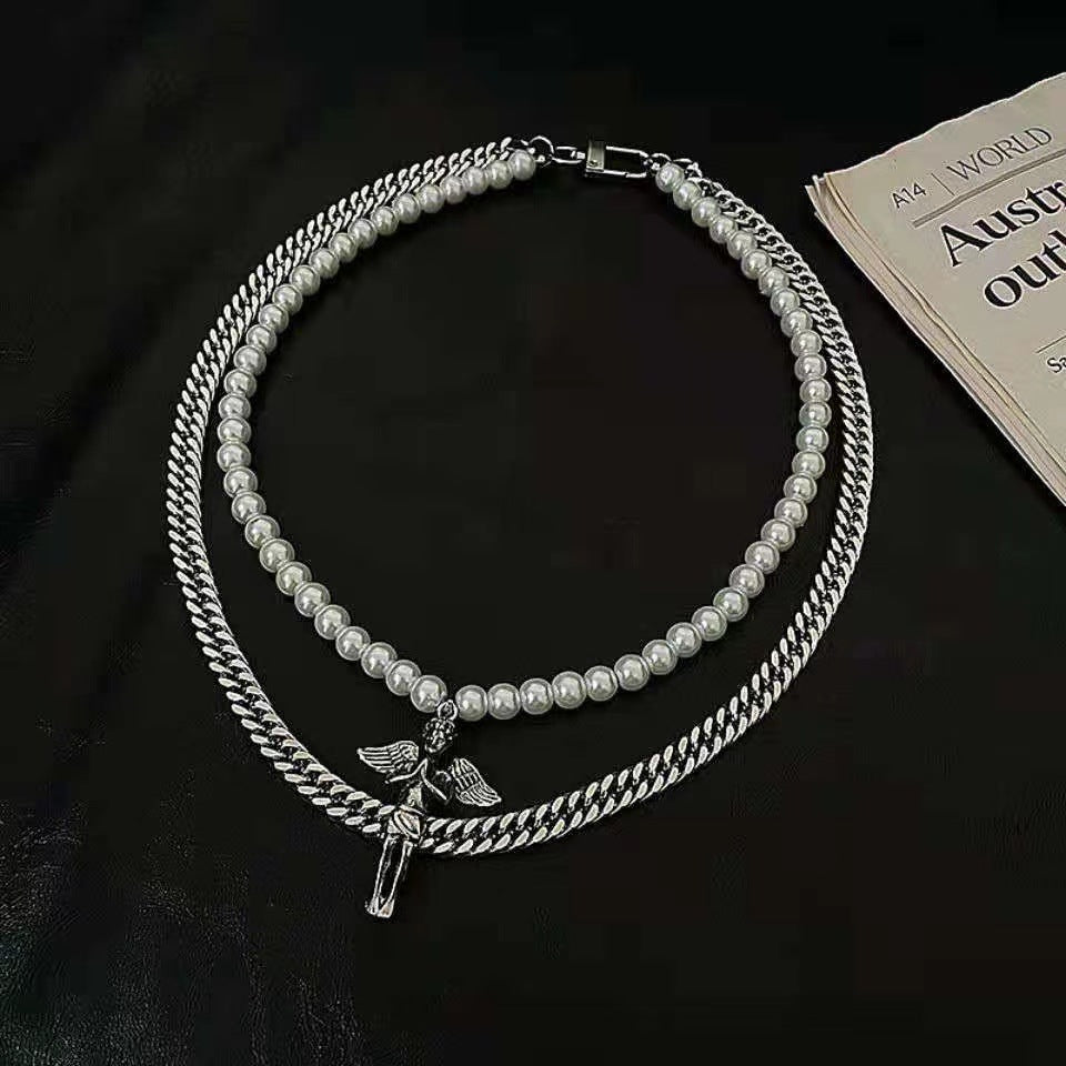 Pearl Angel Double-layer Stitching Titanium Steel Couple High-grade Cross All-match Fashionable Ins Necklace For Men And Women
