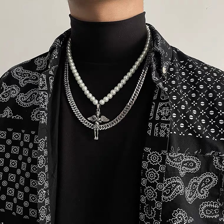 Pearl Angel Double-layer Stitching Titanium Steel Couple High-grade Cross All-match Fashionable Ins Necklace For Men And Women