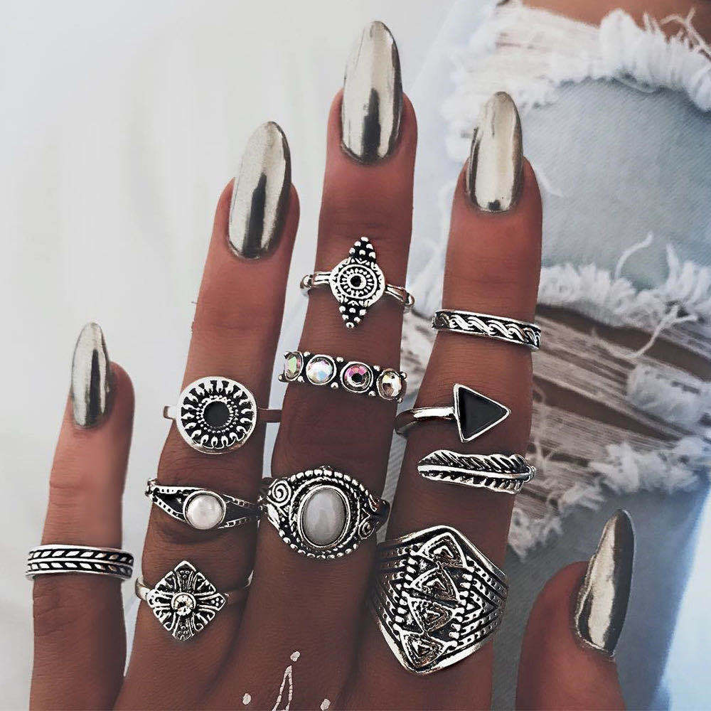 Bohemian Diamond Set Ring Women's Retro Wedding Festival Star Moon Crystal Ring