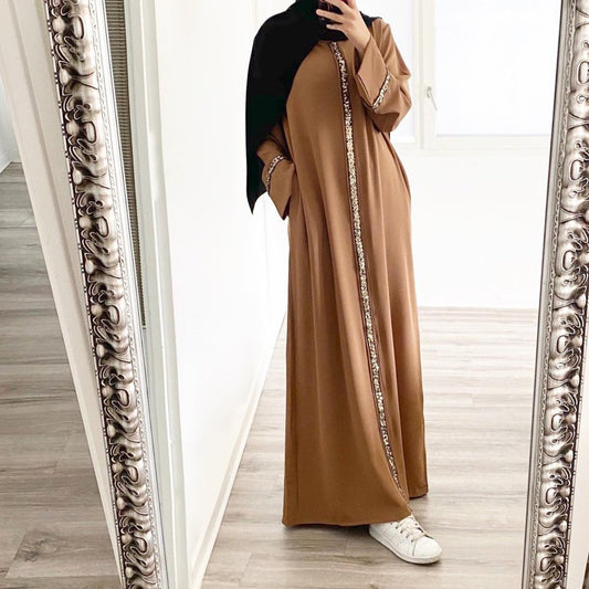 2023 Malaysian Muslim Women, Cardigan Robe Stitching Sequined Dress Muslim Abaya
