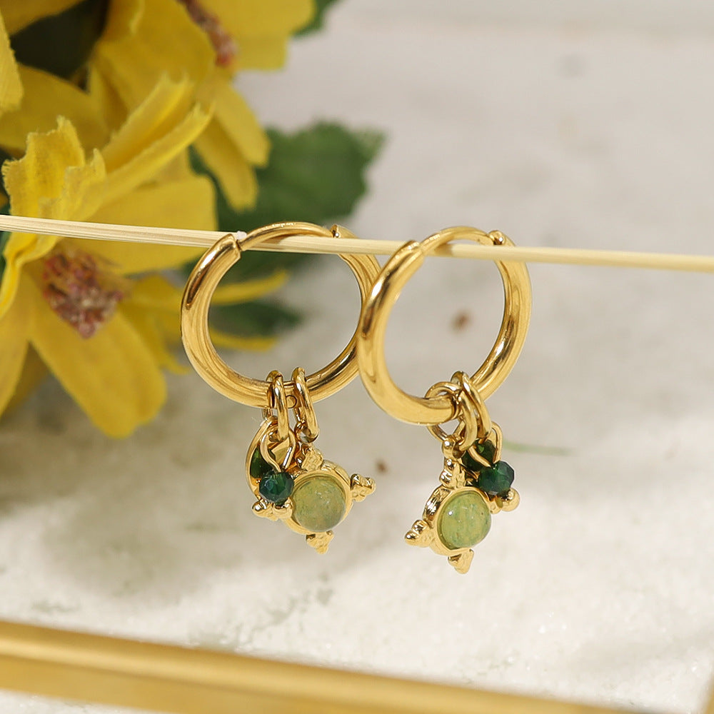 Cross-border INS Wind Dongling Jade Natural Stone Pendant Ear Buckle 18K Gold-plated Non-fading High-grade Earring Titanium Steel Earrings