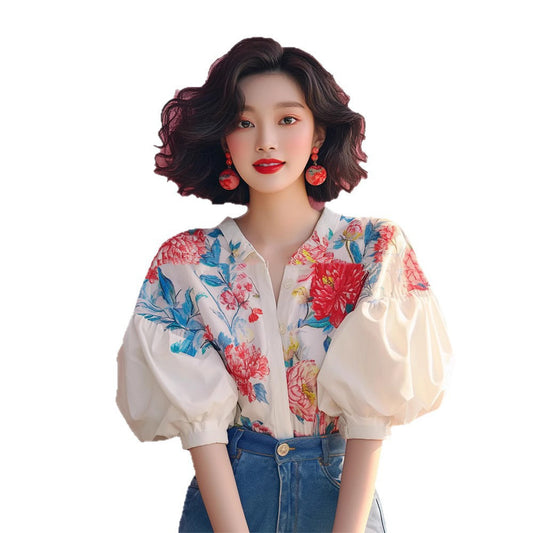 Women's Elegant French Style Puff Sleeve Floral Shirt