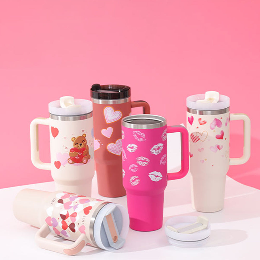 40 Oz Tumbler met handvat, rietje, geïsoleerd, roestvrij staal, morsbestendig, vacuüm koffiebeker, beker met deksel, taps toelopende mok, cadeaus voor Valentijnsliefhebbers, geschikt voor in de auto, sportschool, kantoor, reizen