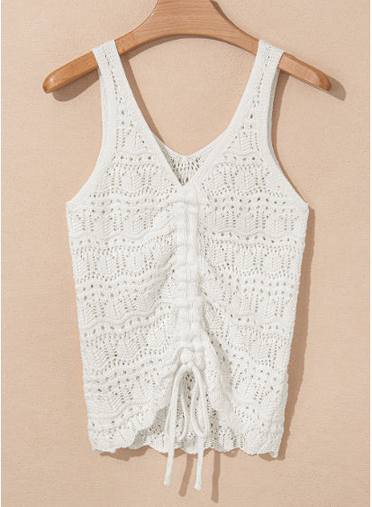 Beige Trendy Hollowed Knit V Neck Drawstring Sweater Vest