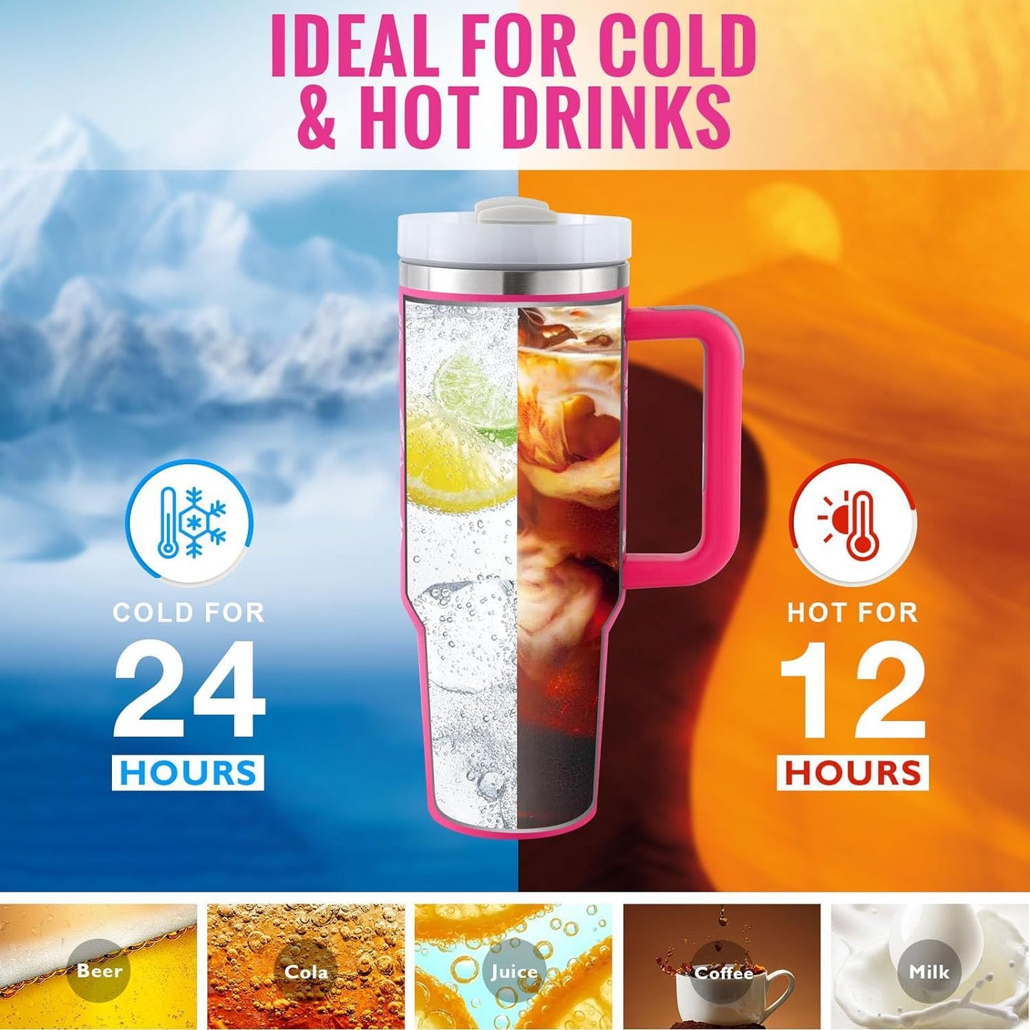 40 Oz Tumbler met handvat, rietje, geïsoleerd, roestvrij staal, morsbestendig, vacuüm koffiebeker, beker met deksel, taps toelopende mok, cadeaus voor Valentijnsliefhebbers, geschikt voor in de auto, sportschool, kantoor, reizen