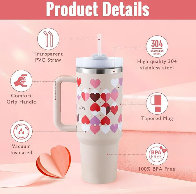 40 Oz Tumbler met handvat, rietje, geïsoleerd, roestvrij staal, morsbestendig, vacuüm koffiebeker, beker met deksel, taps toelopende mok, cadeaus voor Valentijnsliefhebbers, geschikt voor in de auto, sportschool, kantoor, reizen