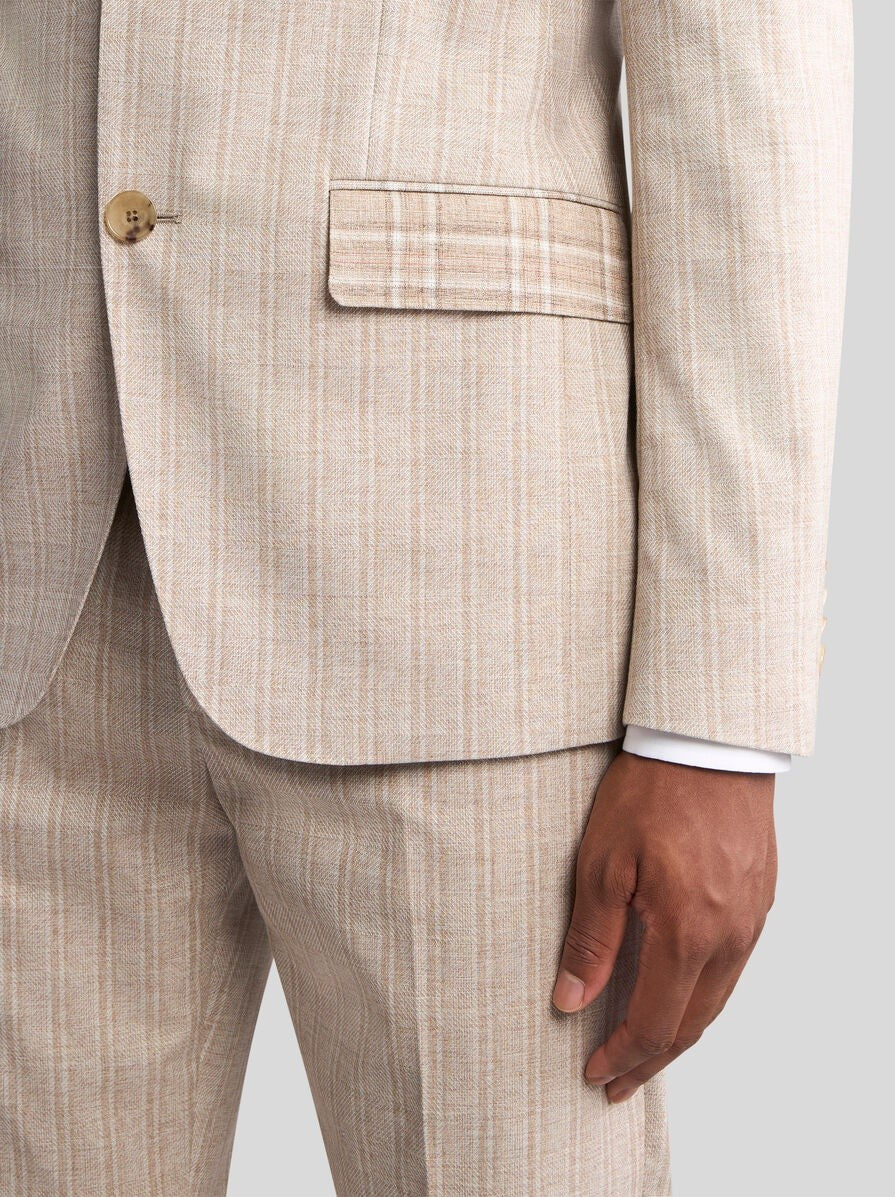 Men's Light Brown Pinstripe Suit Set With Subtle Plaid Details