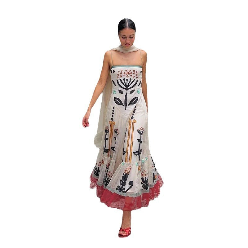 Women's Chiffon Printed Sling Flower Embroidery Dress