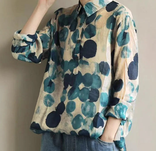 New Cotton And Linen Art Retro Color Lapel Shirt