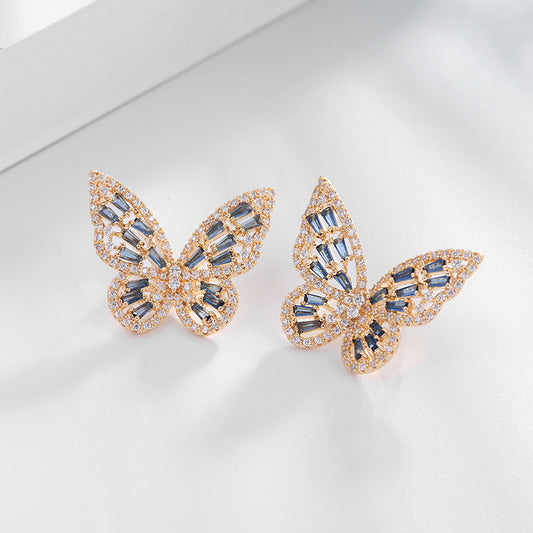 Colorful Zircon Light Luxury Elegant Earrings 925 Silver Pin Earrings Hollow Butterfly Stud Earrings