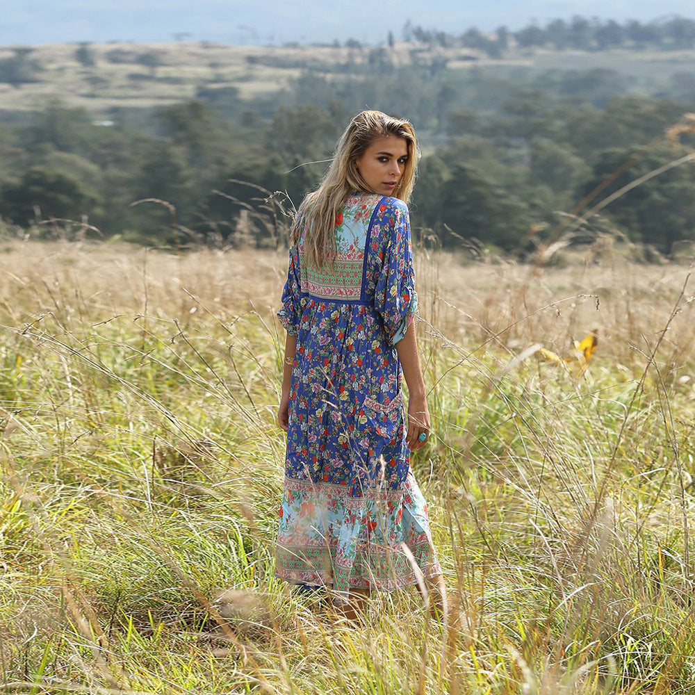 Bohemian Beach Resort Swing Pleated Print Dress