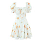 Printed Puff Sleeve Lace Stitching A- Line Dress