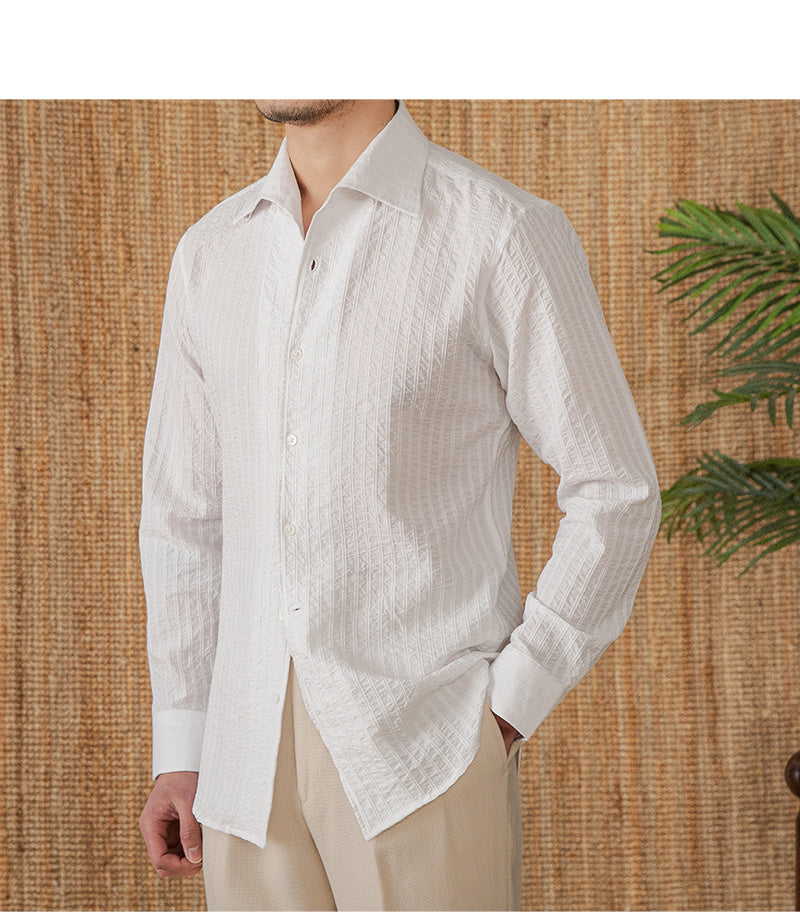 Cotton Seersucker Thin Long-sleeved Shirt One Collar Casual Shirt