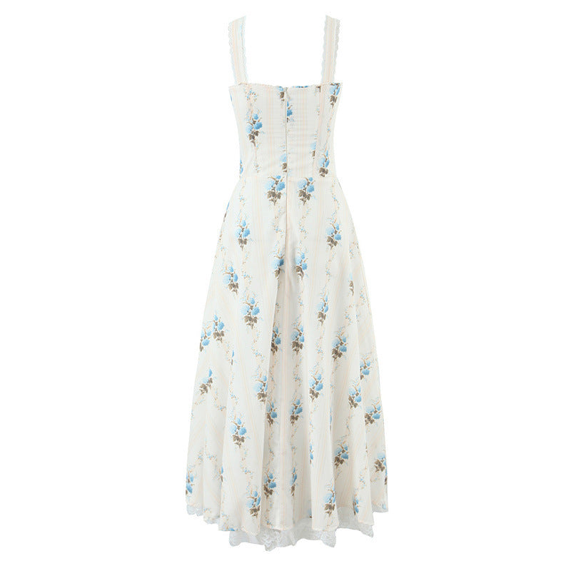 Elegant Cotton Printed Fishbone Waist Trimming Spaghetti Straps Tank Dress