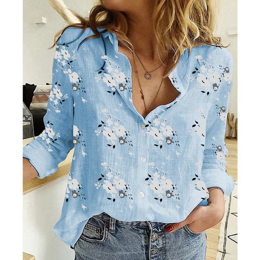 Spring And Autumn Print Casual Loose Long Sleeve Linen Shirt For Women