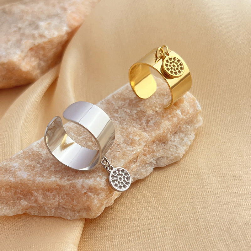 French Ins Style 18K Stainless Steel Round Pendant Ring
