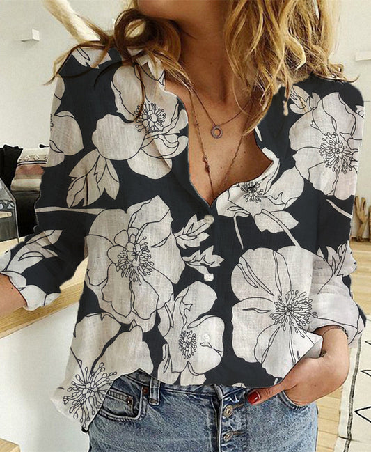 Spring And Autumn Print Casual Loose Long Sleeve Linen Shirt For Women