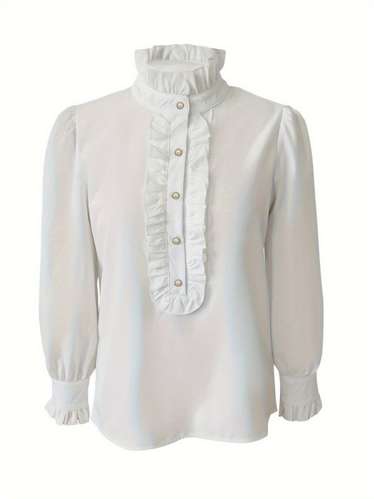 Fashionable Stand-up Collar Long-sleeved Shirt With Lotus Leaf Hem