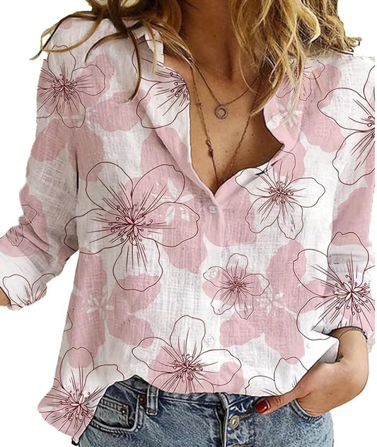 Spring And Autumn Print Casual Loose Long Sleeve Linen Shirt For Women