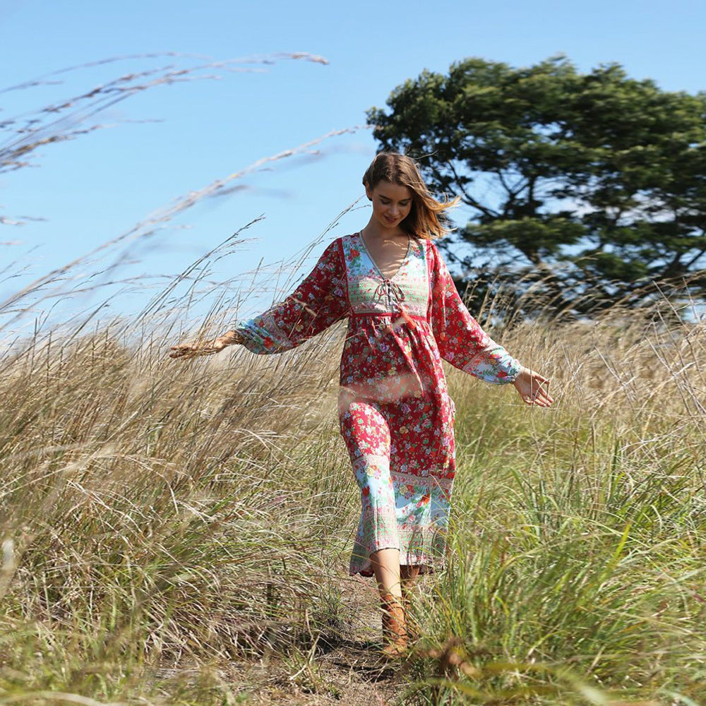 Bohemian Beach Resort Swing Pleated Print Dress