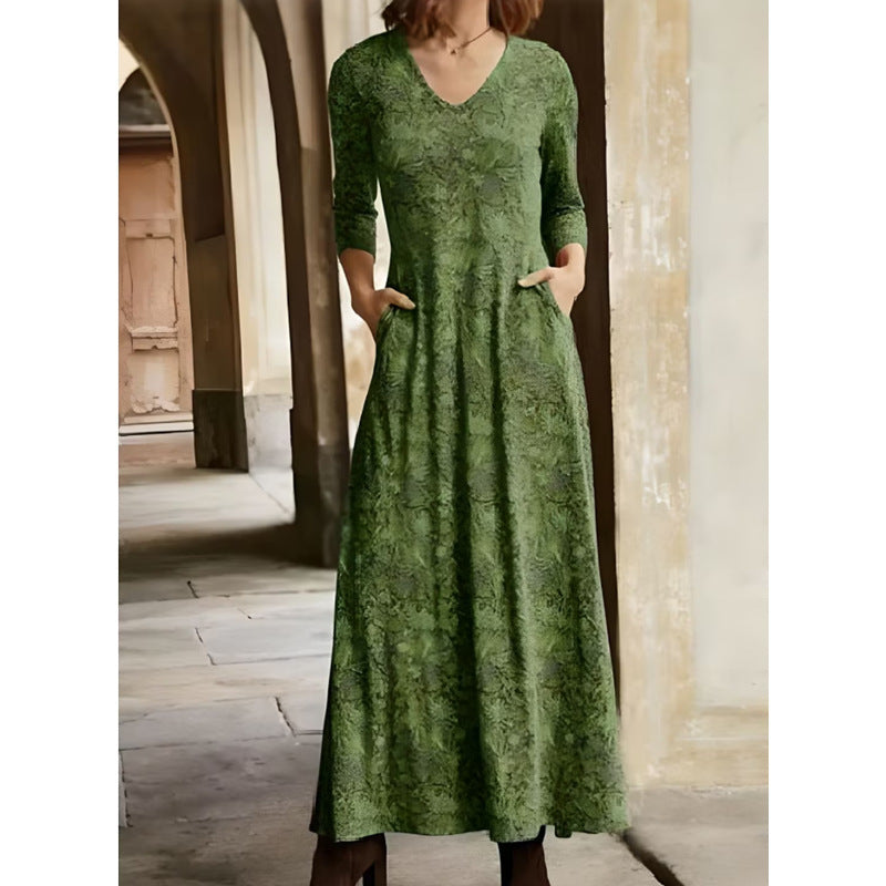 Women's Cotton Printed V-neck Pocket Long Sleeved Dress