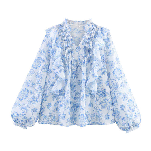 Floral Ruffled And Laminated Decoration Printed Shirt