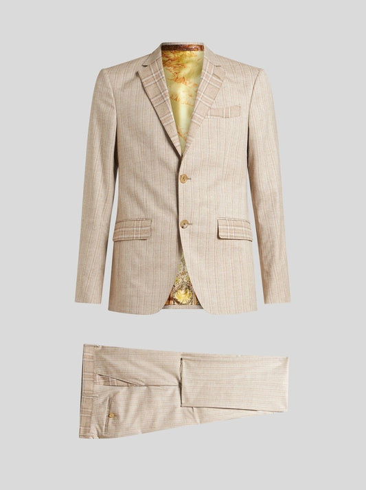 Men's Light Brown Pinstripe Suit Set With Subtle Plaid Details