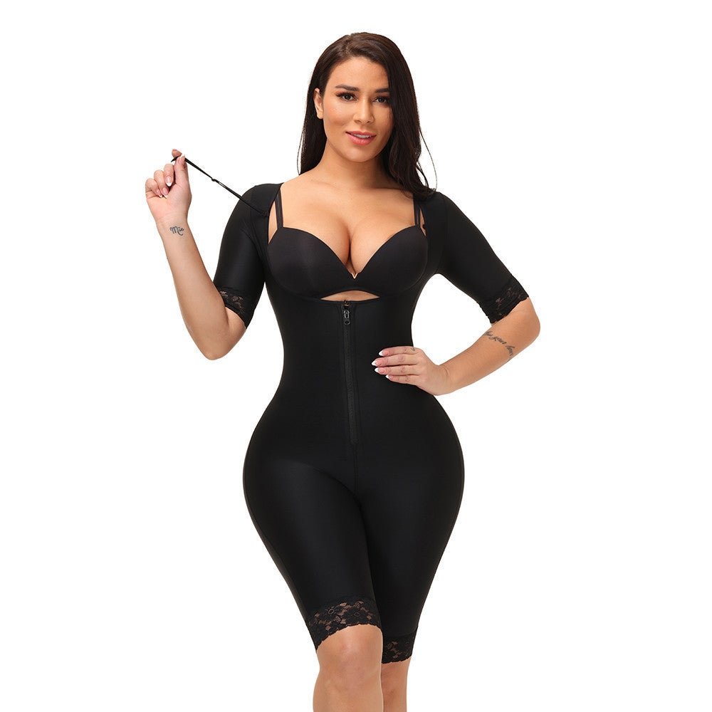 Women's Fashion Lace Mid Sleeve Zipper Body Shaper Bodysuit