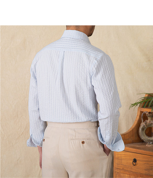 Cotton Seersucker Thin Long-sleeved Shirt One Collar Casual Shirt