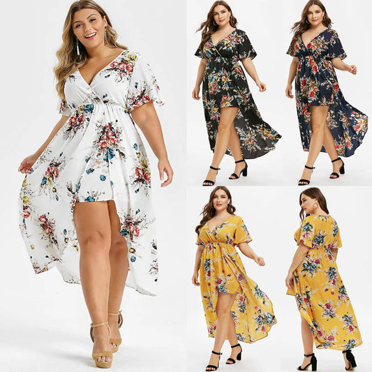 New Women's Loose Slimming V-neckline Flower Print Plus Size Dress