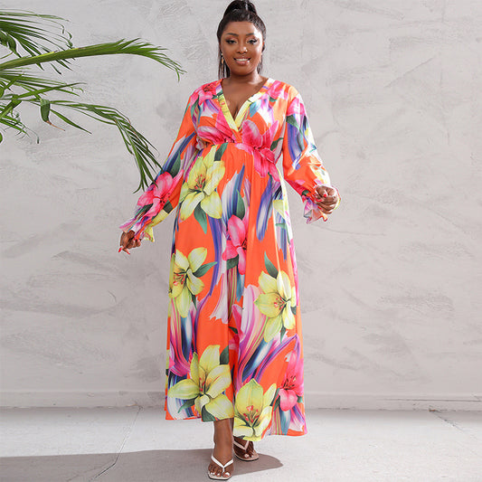 Plus Size Long Sleeve Digital Printing Dress
