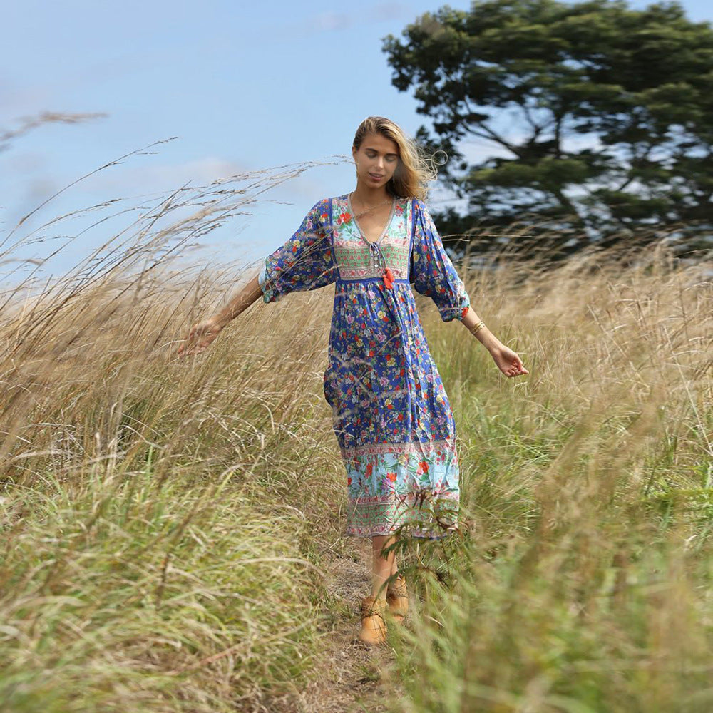 Bohemian Beach Resort Swing Pleated Print Dress