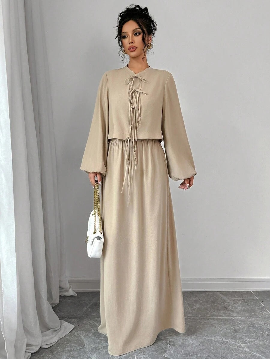 Vintage Artistic Long Sleeve Suspender Dress Suit Female Spring