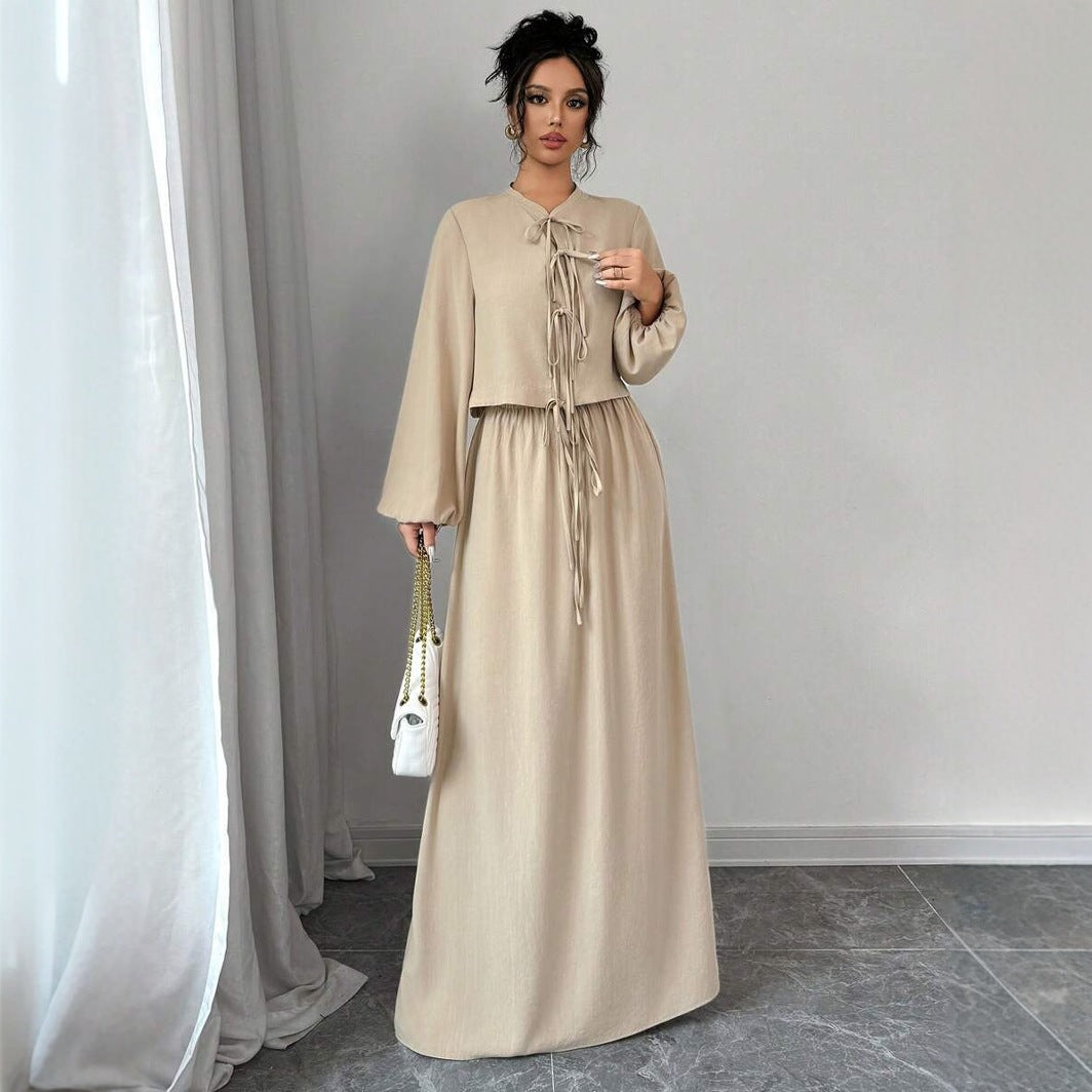 Vintage Artistic Long Sleeve Suspender Dress Suit Female Spring