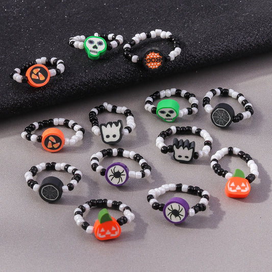 European And American Cross-border Jewelry Halloween Rice Bead Ring Suit Personalized Cartoon Pumpkin Ghost Exaggerated Ring Bracelet