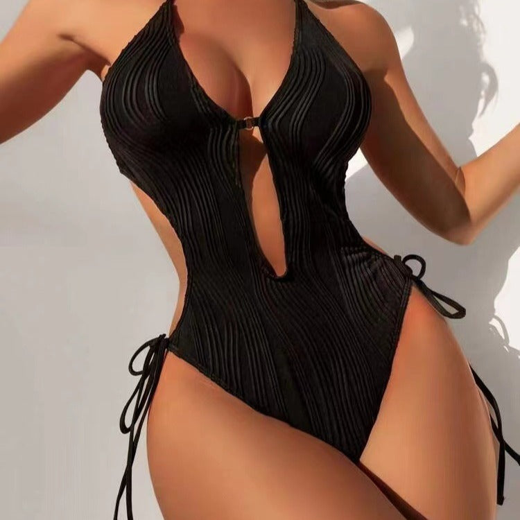 2024 European And American Solid Color Backless Hanging Neck Crossover Bikini Lace-up Slim Cross-border Beach Sexy Swimsuit