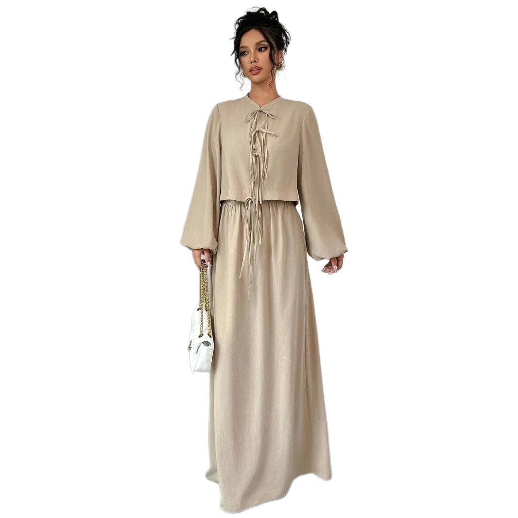 Vintage Artistic Long Sleeve Suspender Dress Suit Female Spring